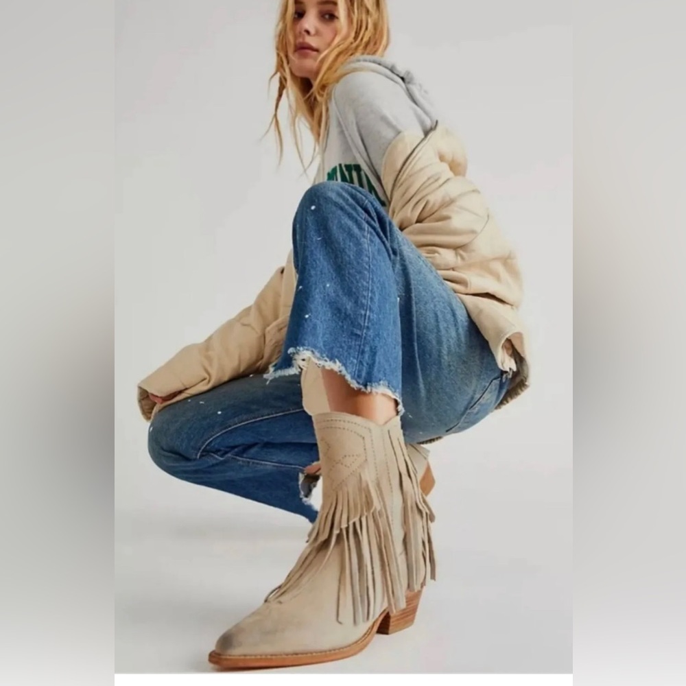 Free People Lawless Fringe Tan Bone Block Heel Western Ankle